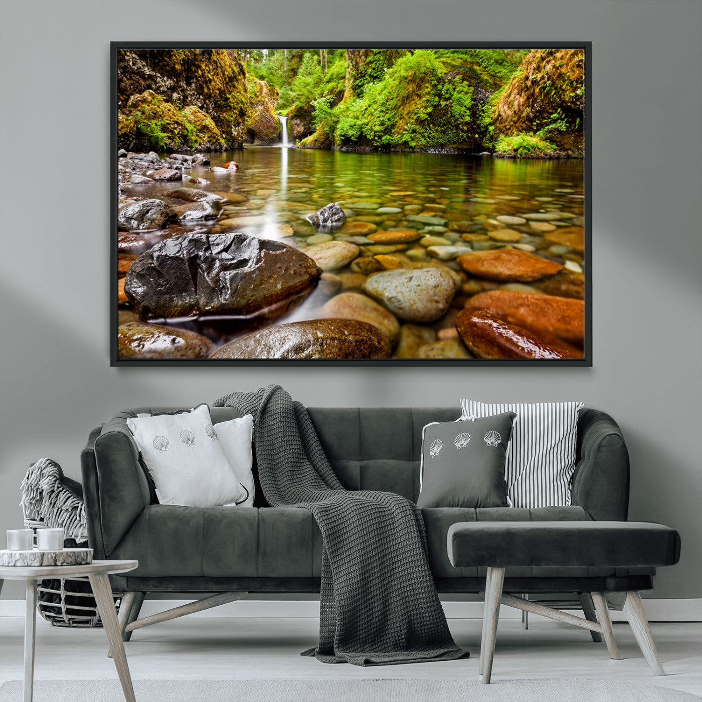 98096-MGV-CV-36X24-Serene River Waterfall Nature Photo – Calm Clear Water, Vibrant Green Forest and Smooth Stones Landscape Wall Art for Home or