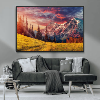 83947-MGV-CV-36X24-Sunset Mountain Landscape Wall Art – Panoramic Alpine Meadow and Snow Capped Peaks Canvas Print, Nature Scenic Decor for Home,