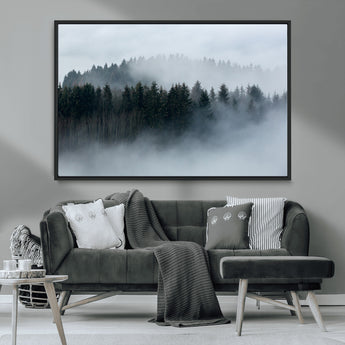 42596-MGV-CV-36X24-Misty Forest Wall Art – Atmospheric Pine Trees Canvas Print, Nature Landscape Decor for Living Room, Bedroom, Office, or Cabin
