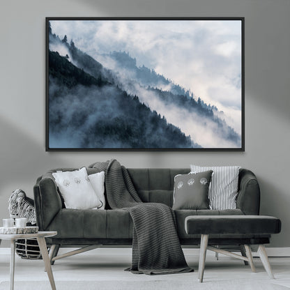85737-MGV-CV-36X24-Misty Mountain Wall Art – Atmospheric Pine Forest Canvas Print with Fog and Mist, Calm Nature Decor for Living Room, Bedroom,