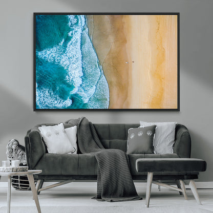 46640-MGV-CV-36X24-Aerial Beach Wall Art – Turquoise Waves and Golden Sand Canvas Print with Lone Surfer, Coastal Ocean Decor for Living Room,
