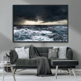 42607-MGV-CV-36X24-Stormy Ocean Wall Art – Dramatic Sea and Sky Canvas Print with Sun Rays, Moody Nature Decor for Living Room, Office, Bedroom or
