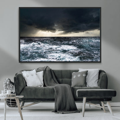 42607-MGV-CV-36X24-Stormy Ocean Wall Art – Dramatic Sea and Sky Canvas Print with Sun Rays, Moody Nature Decor for Living Room, Office, Bedroom or
