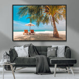69754-MGV-CV-36X24-Tropical Beach Wall Art – Relaxing Palm Tree and Lounge Chairs Canvas Print, Serene Coastal Decor for Living Room, Bedroom, Office