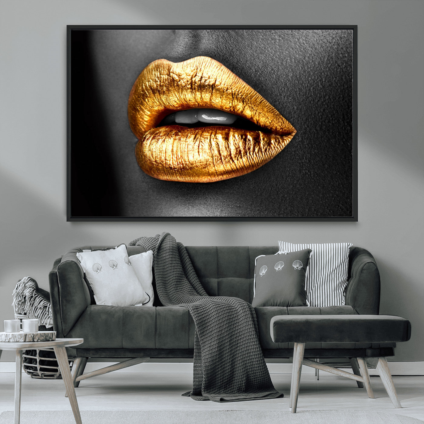 84747-MGV-CV-36X24-Golden Lips Black & White Portrait – Glamorous Metallic Lip Art Print, Modern Wall Decor for Bedroom, Beauty & Fashion Lover Gift