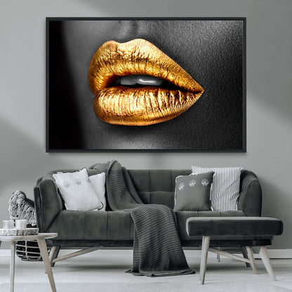 84747-MGV-CV-36X24-Golden Lips Black & White Portrait – Glamorous Metallic Lip Art Print, Modern Wall Decor for Bedroom, Beauty & Fashion Lover Gift