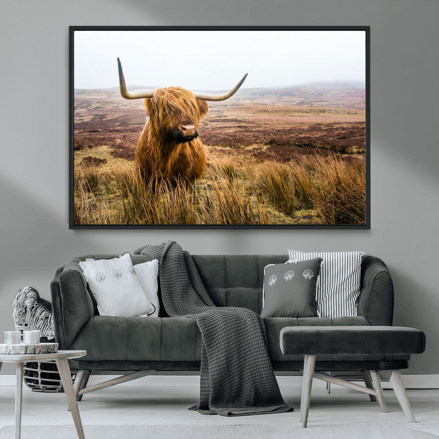 79391-MGV-CV-36X24-Majestic Highland Cow in Misty Scottish Moorland – Rustic Natural Charm, Perfect for Unique Home or Office Decor