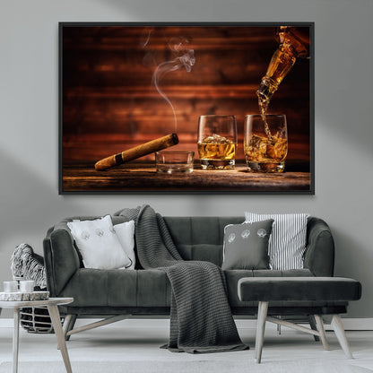 41139-MGV-CV-36X24-Whiskey and Cigar Still Life – Glasses with Ice and Pouring Amber Drink on Wooden Table with Smoke, Elegant Bar or Lounge Wall