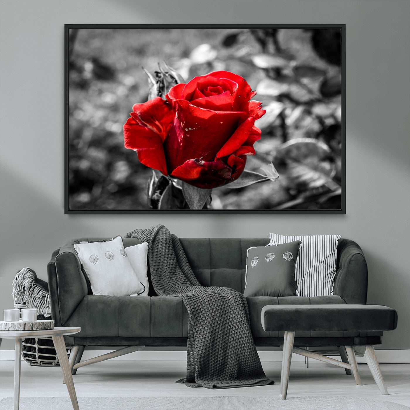 84671-MGV-CV-36X24-Red Rose Wall Art – Vibrant Single Bloom Canvas Print with Black and White Background, Elegant Floral Decor for Living Room,