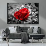 84671-MGV-CV-36X24-Red Rose Wall Art – Vibrant Single Bloom Canvas Print with Black and White Background, Elegant Floral Decor for Living Room,
