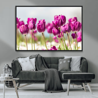 30632-MGV-CV-36X24-Purple Tulip Field Wall Art – Beautiful Spring Flowers Canvas Print with Soft Focus and Bright Sky, Ideal Floral Decor for Home or