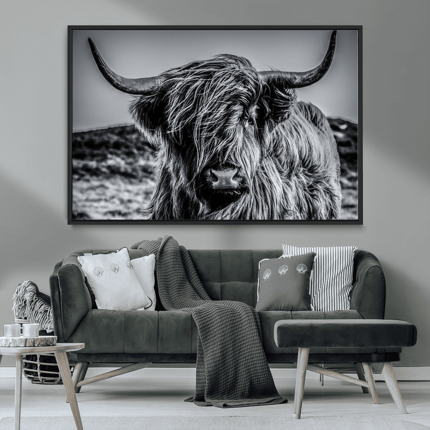 97372-MGV-CV-36X24-Elegant Highland Cow Wall Art – Black and White Canvas Print, Rustic Nature Decor for Home, Office, Living Room or Man Cave