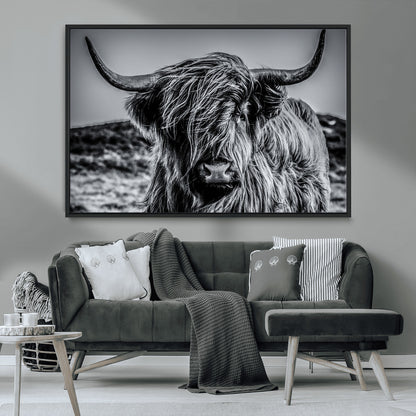 97372-MGV-CV-36X24-Elegant Highland Cow Wall Art – Black and White Canvas Print, Rustic Nature Decor for Home, Office, Living Room or Man Cave