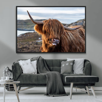 71222-MGV-CV-36X24-A playful Highland cow with shaggy fur sticks out its tongue, set against a rugged landscape — perfect for quirky home or office