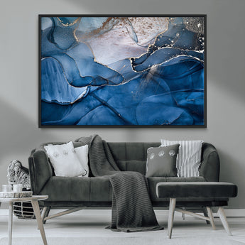 27810-MGV-CV-36X24-Abstract Blue Gold Fluid Art Wall – Modern Canvas Print, Elegant Home & Office Wall Art, Stylish Living Room or Bedroom Decor
