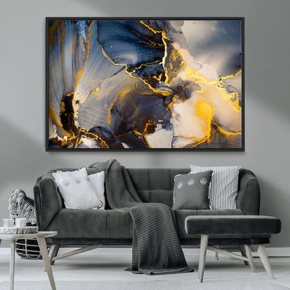 42100-MGV-CV-36X24-Golden Flow Abstract Wall Art – Panoramic Modern Blue and Gold Canvas Print, Contemporary Artistic Decor for Home, Office