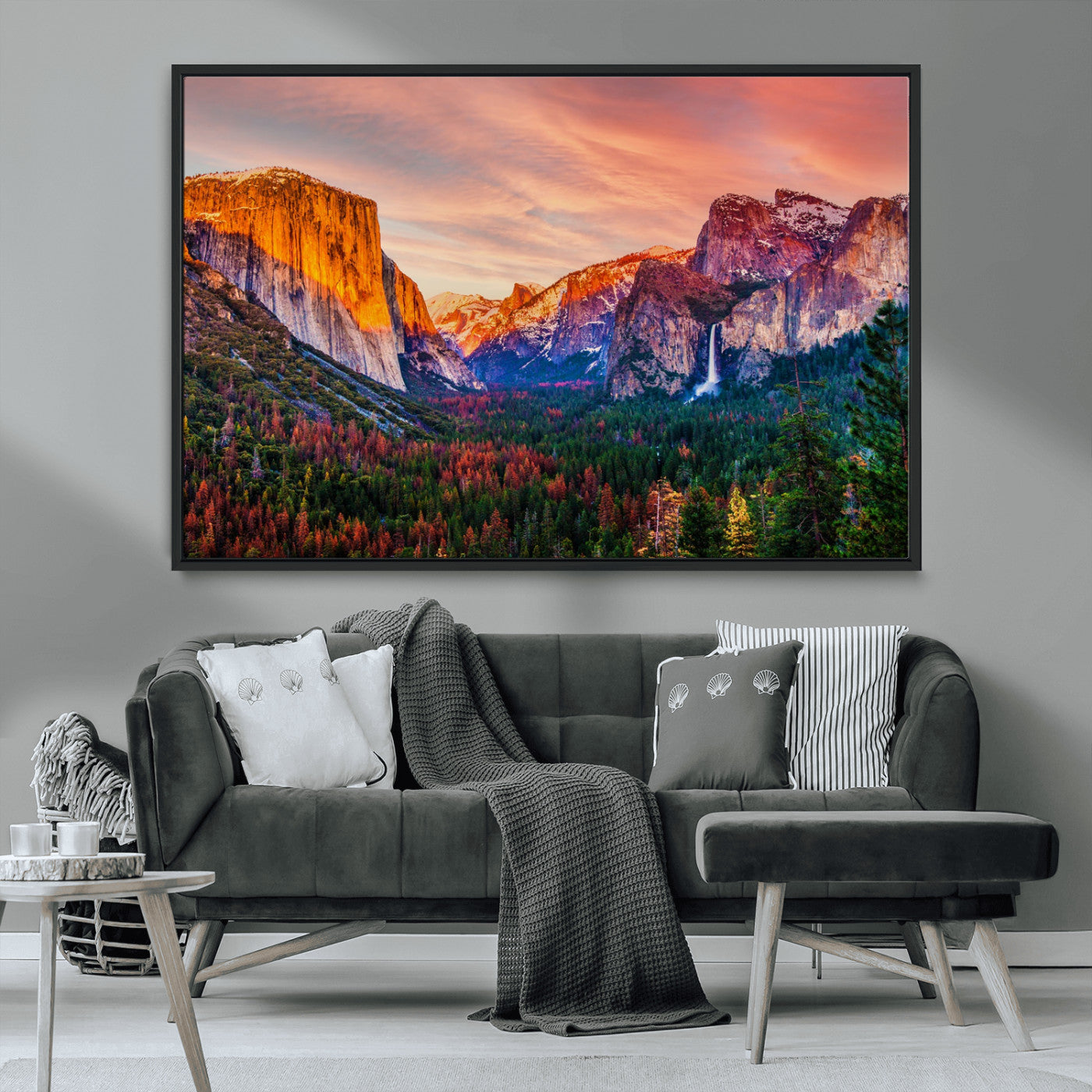 24519-MGV-CV-36X24-Yosemite Valley Sunset Wall Art – Majestic Mountain Landscape with Waterfall and Vibrant Sky, Nature Photography for Home or