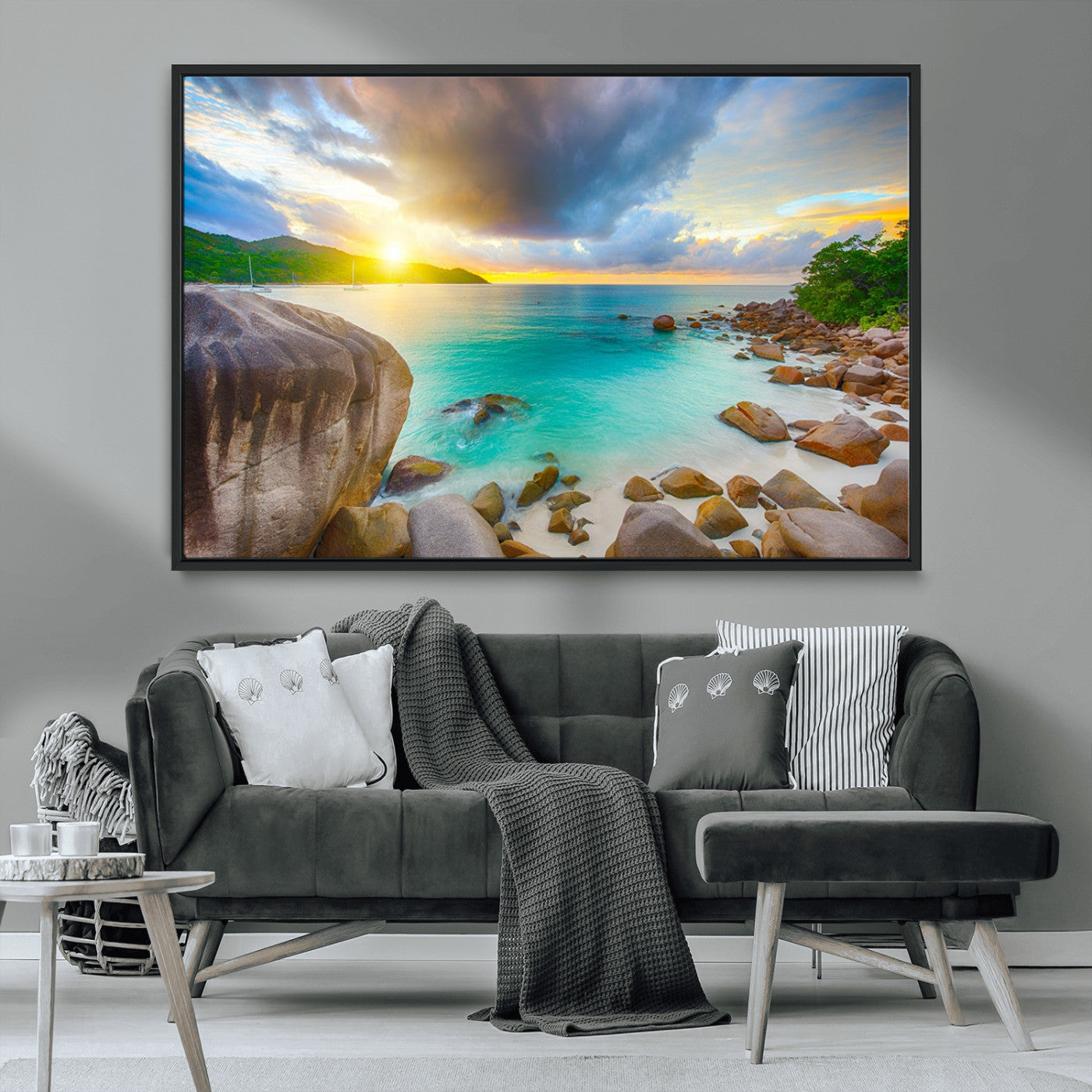 23769-MGV-FC-36X24_Black-Tropical Beach Sunset Wall Art – Ocean Waves and Rocky Shore Canvas Print, Coastal Seascape Photography Decor