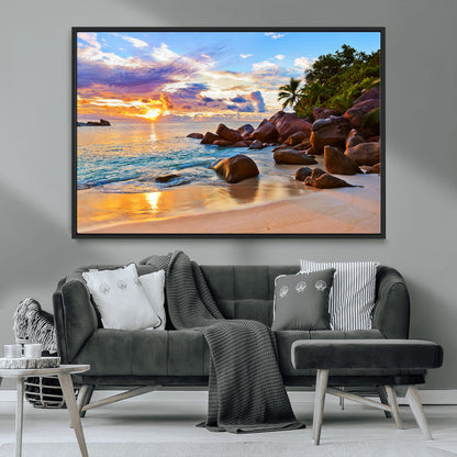 43209-MGV-FC-36X24_Black-Tropical Beach Sunset Wall Art – Golden Ocean Waves and Palm Trees with Rocky Shore Canvas Print, Coastal Seascape Decor for