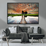 29105-MGV-FC-36X24_Black-Rustic Wooden Bridge Wall Art – Scenic Sunset Over Rice Fields and Reflective Water Canvas Print, Nature Landscape Decor for