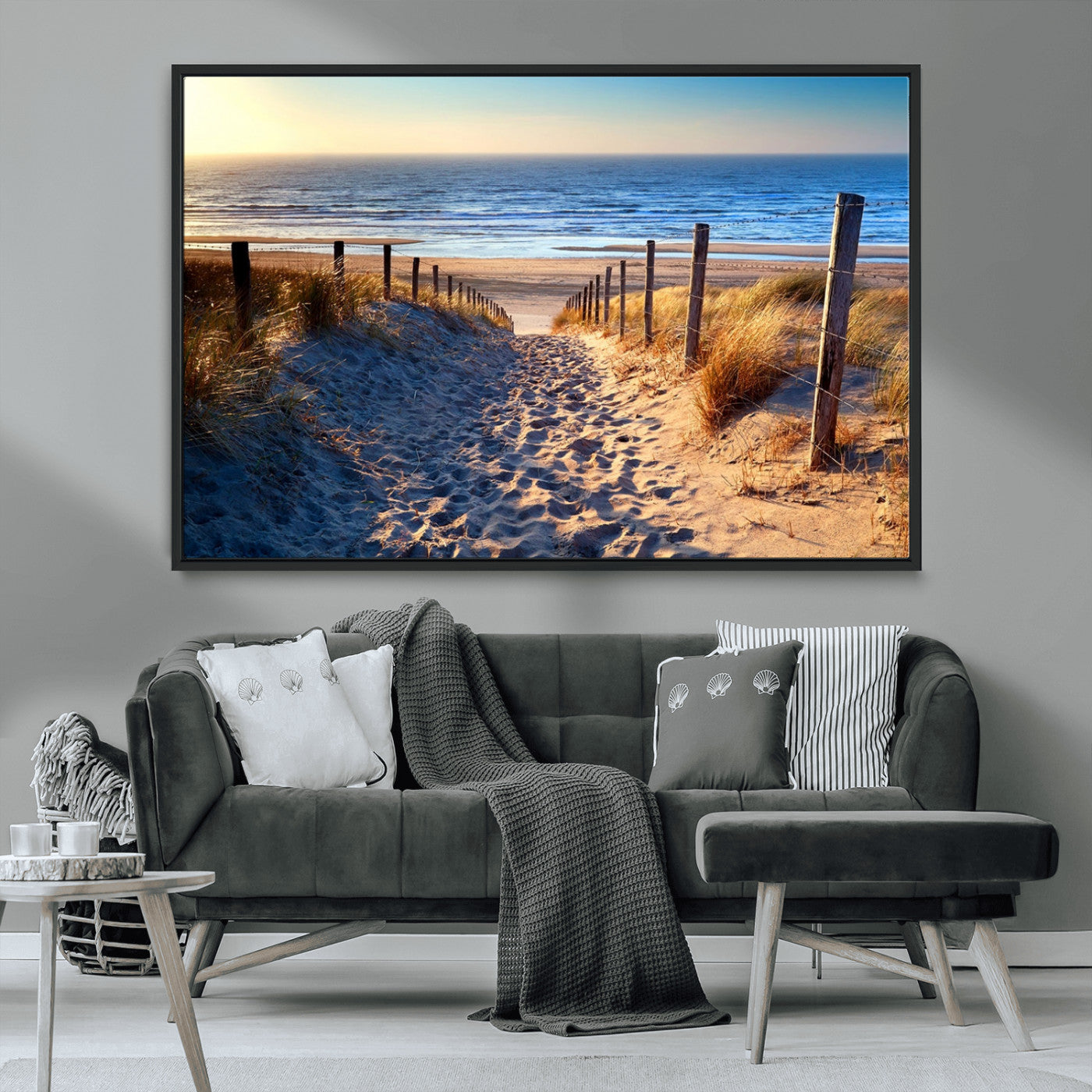 31889-MGV-FC-36X24_Black-Sandy Beach Pathway Wall Art – Coastal Dune Fence and Ocean View Canvas Print, Relaxing Seaside Landscape Decor for Living Room or