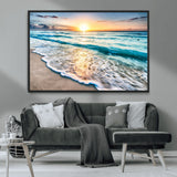 27815-MGV-FC-36X24_Black-Ocean Sunrise Beach Wall Art – Serene Coastal Canvas Print with Waves and Golden Morning Light, Relaxing Seascape Decor for
