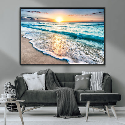 27815-MGV-FC-36X24_Black-Ocean Sunrise Beach Wall Art – Serene Coastal Canvas Print with Waves and Golden Morning Light, Relaxing Seascape Decor for