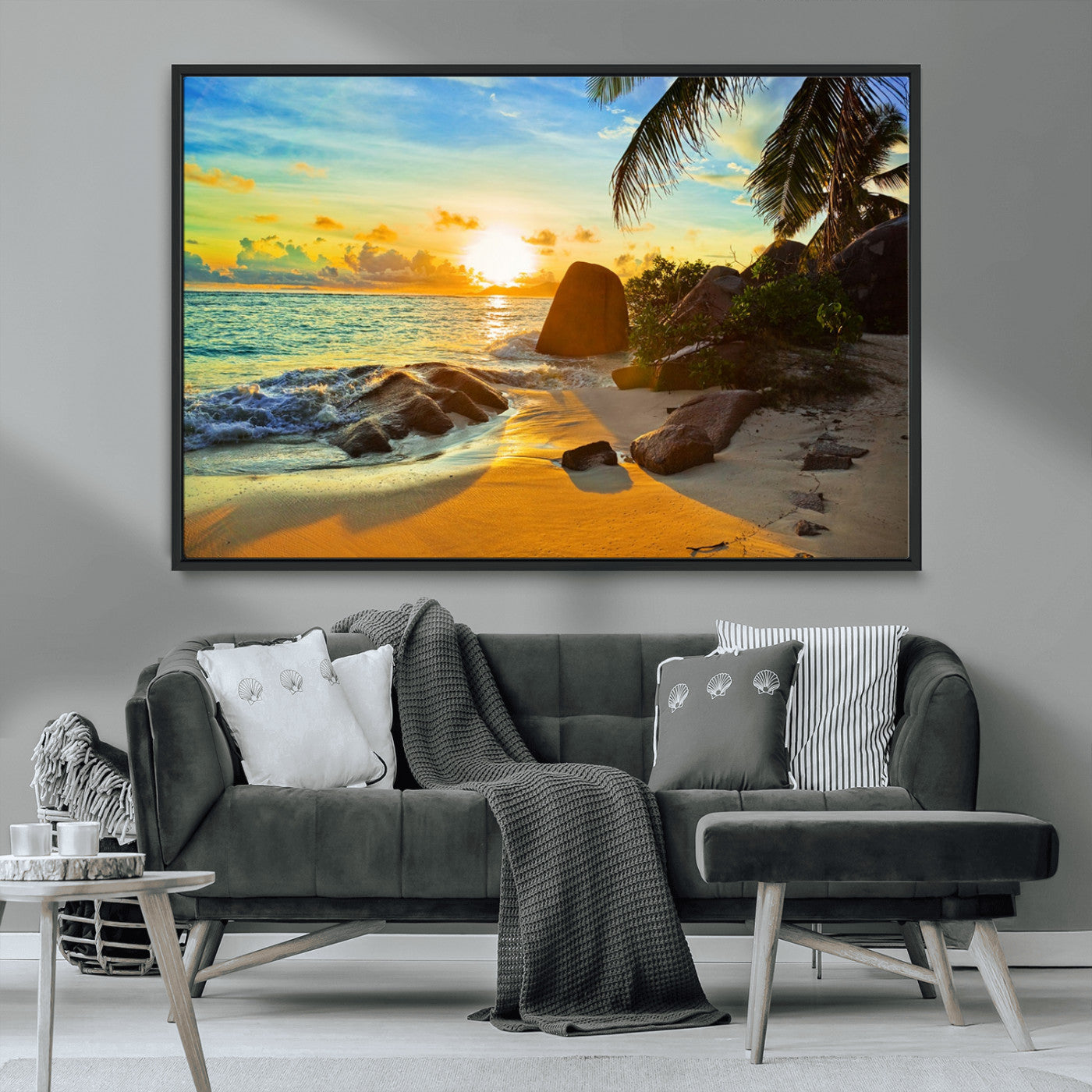 26181-MGV-FC-36X24_Black-Golden Tropical Sunset Beach Wall Art – Ocean Canvas Print with Palm Trees and Rocks, Coastal Paradise Decor for Living Room or