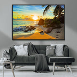 26181-MGV-FC-36X24_Black-Golden Tropical Sunset Beach Wall Art – Ocean Canvas Print with Palm Trees and Rocks, Coastal Paradise Decor for Living Room or