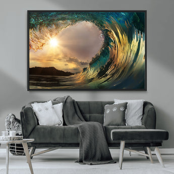 38256-MGV-FC-36X24_Black-Ocean Wave Wall Art – Stunning Sunrise Through Curling Wave Canvas Print, Coastal Surf Photography Seascape Decor for Living Room,