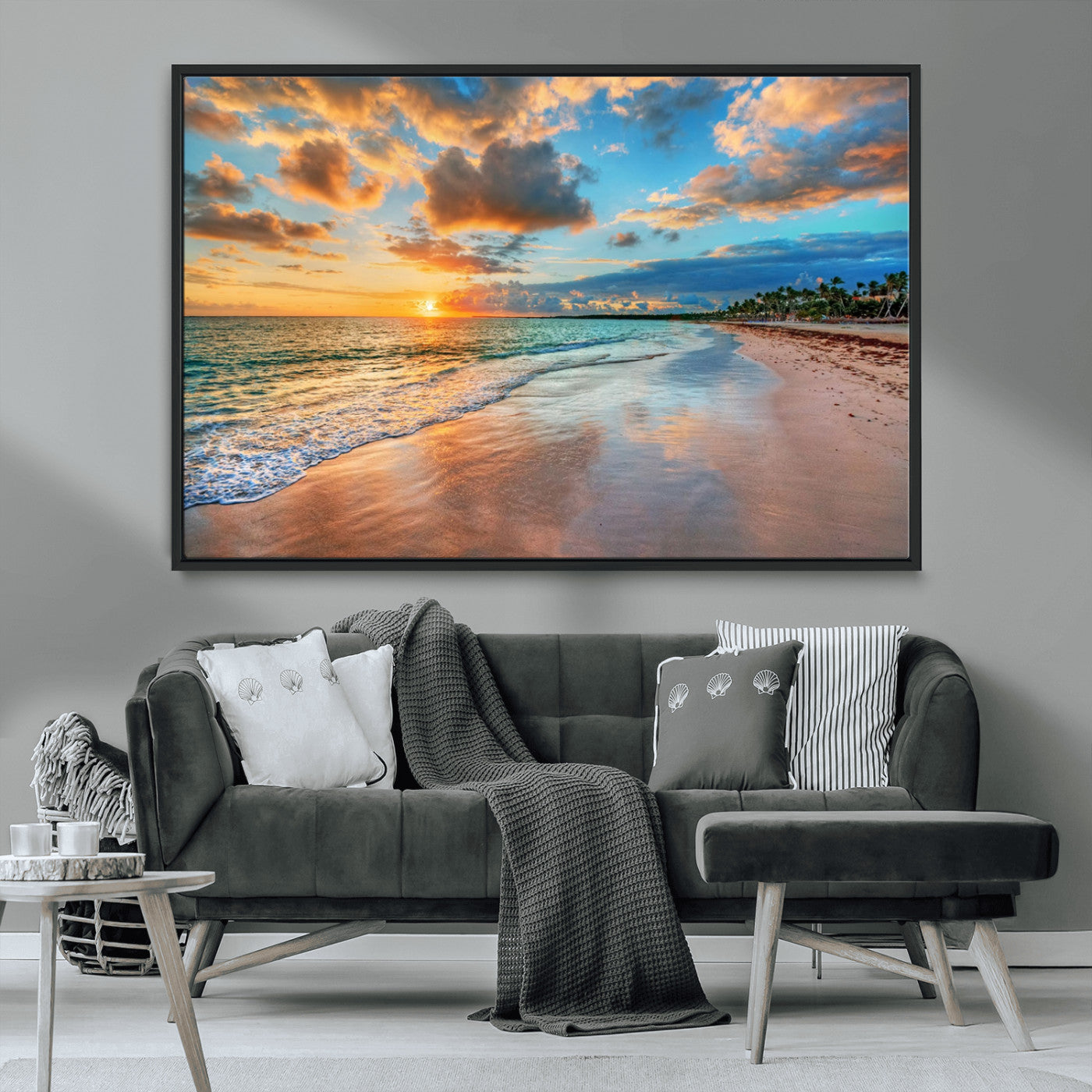 41572-MGV-FC-36X24_Black-Sunset Beach Wall Art – Ocean Waves and Palm Trees Canvas Print, Tropical Coastal Sunset Seascape Decor for Living Room, Bedroom
