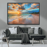 41572-MGV-FC-36X24_Black-Sunset Beach Wall Art – Ocean Waves and Palm Trees Canvas Print, Tropical Coastal Sunset Seascape Decor for Living Room, Bedroom