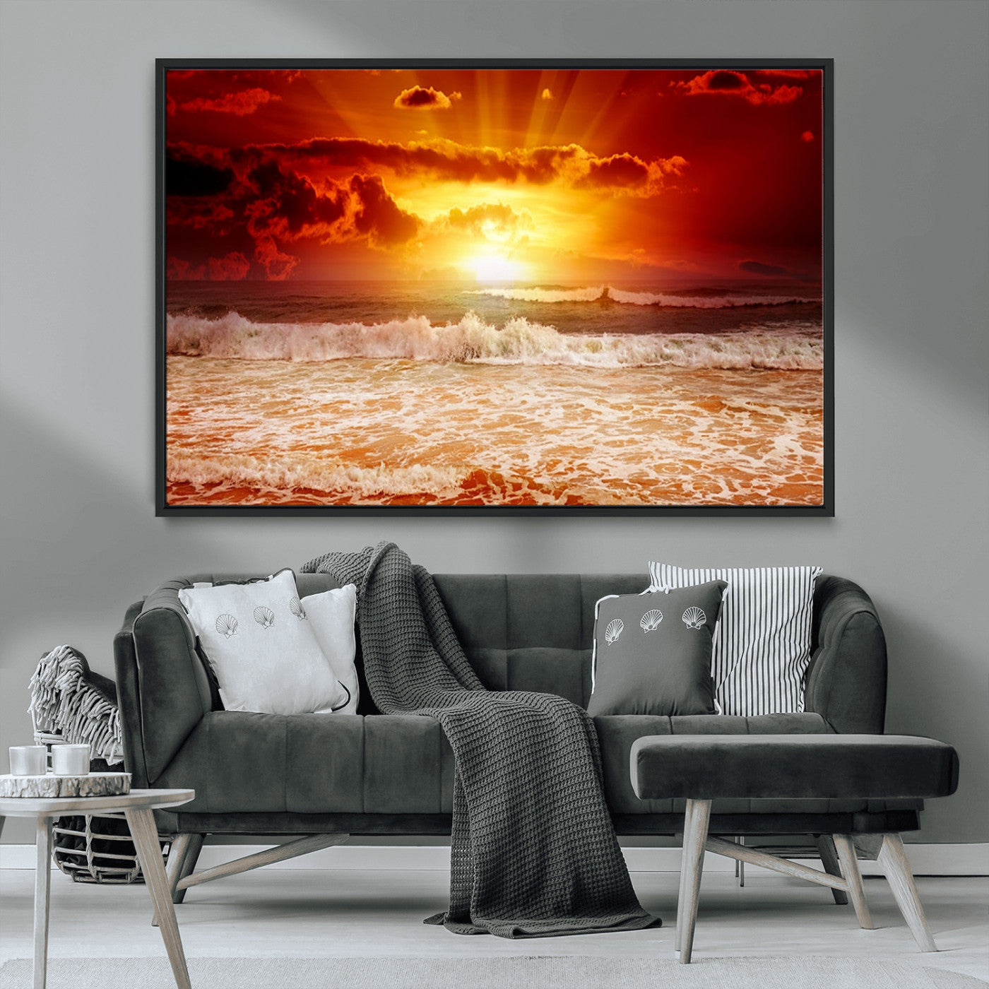 60211-MGV-FC-36X24_Black-Fiery Sunset Ocean Wall Art – Red Sky Seascape Canvas Print with Waves, Bold Coastal Sunset Decor for Living Room or Bedroom