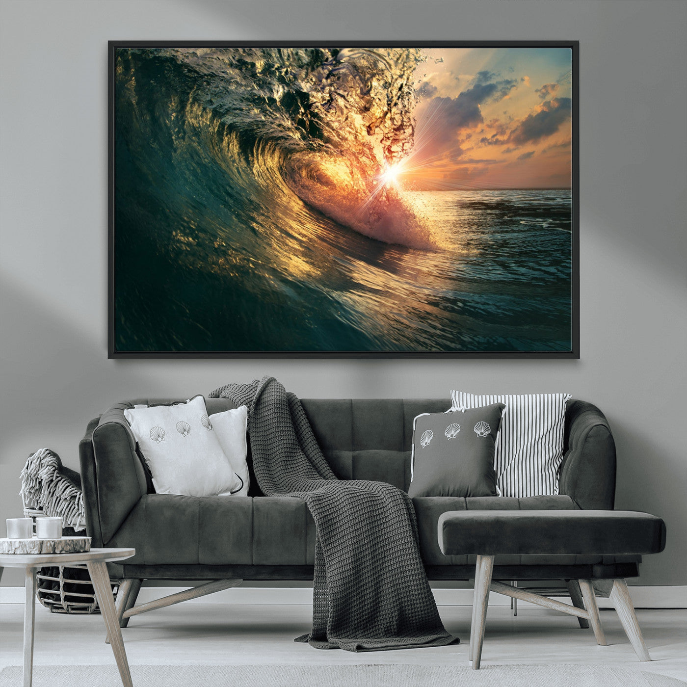 55359-MGV-FC-36X24_Black-Radiant Ocean Wave Wall Art – Panoramic Surf Canvas Print, Vibrant Sunset Beach Decor for Home, Office or Man Cave