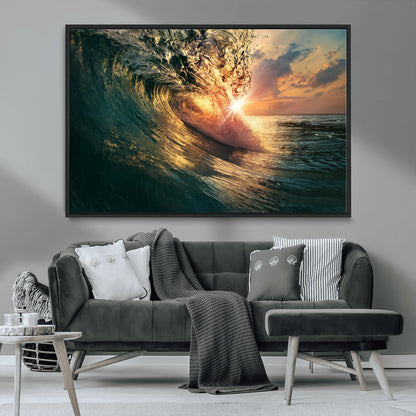 55359-MGV-FC-36X24_Black-Radiant Ocean Wave Wall Art – Panoramic Surf Canvas Print, Vibrant Sunset Beach Decor for Home, Office or Man Cave