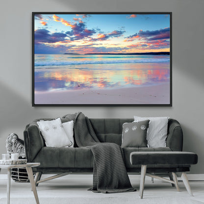 56723-MGV-FC-36X24_Black-Serene Sunset Beach Wall Art – Panoramic Coastal Canvas Print, Peaceful Ocean Reflection Decor for Living Room, Bedroom or Office