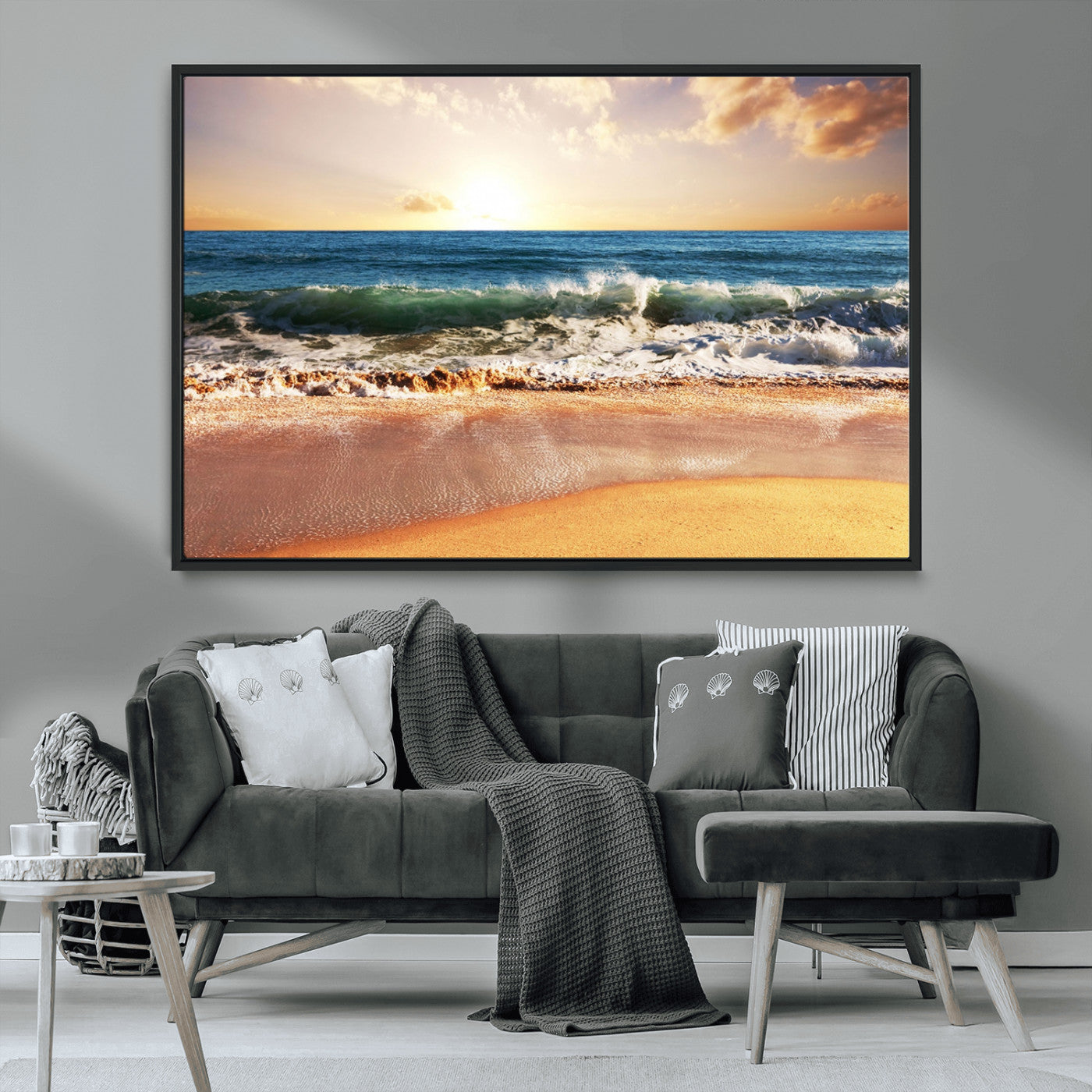 79005-MGV-FC-36X24_Black-Golden Sunrise Ocean Waves Wall Art – Panoramic Seashore Canvas Print, Calming Coastal Decor for Home, Office or Relaxation Space