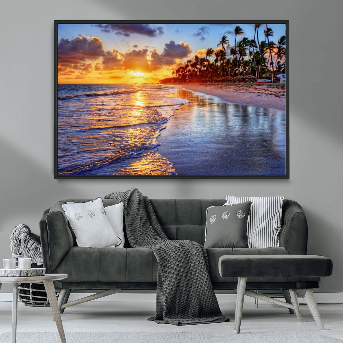 19917-MGV-FC-36X24_Black-Tropical Sunset Beach Wall Art – Panoramic Palm Trees and Ocean Canvas Print, Vibrant Coastal Decor for Living Room, Office or Man