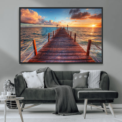 28836-MGV-FC-36X24_Black-Ocean Pier Sunset Wall Art – Wooden Dock and Golden Horizon Canvas Print, Coastal Seascape Photography for Living Room, Bedroom,