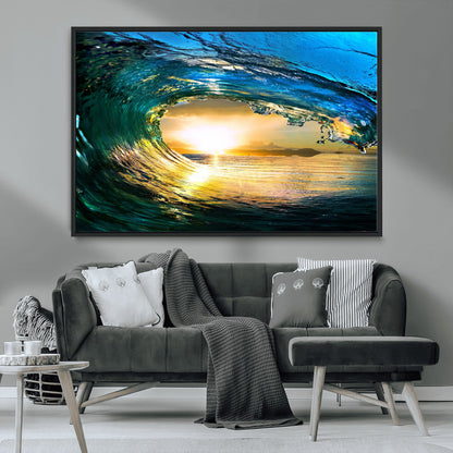 19378-MGV-FC-36X24_Black-Ocean Wave Sunset Wall Art – Vibrant Surf and Golden Horizon Canvas Print, Coastal Seascape Photography for Living Room, Bedroom,