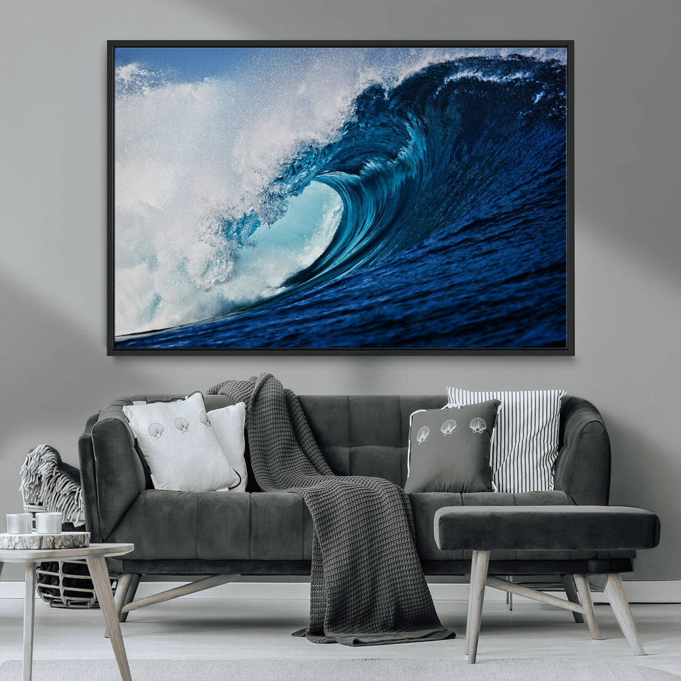 89502-MGV-FC-36X24_Black-Powerful Ocean Wave Wall Art – Panoramic Blue Sea Wave Canvas Print, Coastal Surf Photography Artwork for Living Room, Bedroom, or