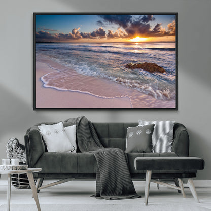 94906-MGV-FC-36X24_Black-Sunrise Beach Wall Art – Panoramic Ocean Waves Canvas Print, Coastal Sunset Seascape Artwork for Living Room, Bedroom, or Office