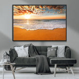 15399-MGV-FC-36X24_Black-Golden Sunrise Beach Wall Art – Ocean Waves on Sandy Shore Canvas Print, Coastal Seascape Decor for Living Room or Bedroom