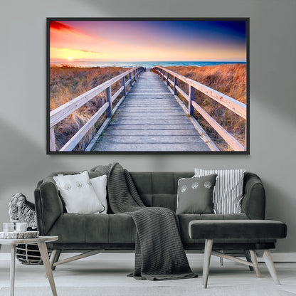 60625-MGV-FC-36X24_Black-Beach Boardwalk Sunrise Wall Art – Coastal Pathway to Ocean Canvas Print, Seaside Landscape Decor for Home or Office