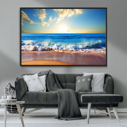 50522-MGV-FC-36X24_Black-Ocean Sunrise Wall Art – Peaceful Beach Waves and Golden Horizon Canvas Print, Coastal Seascape Decor for Home or Office