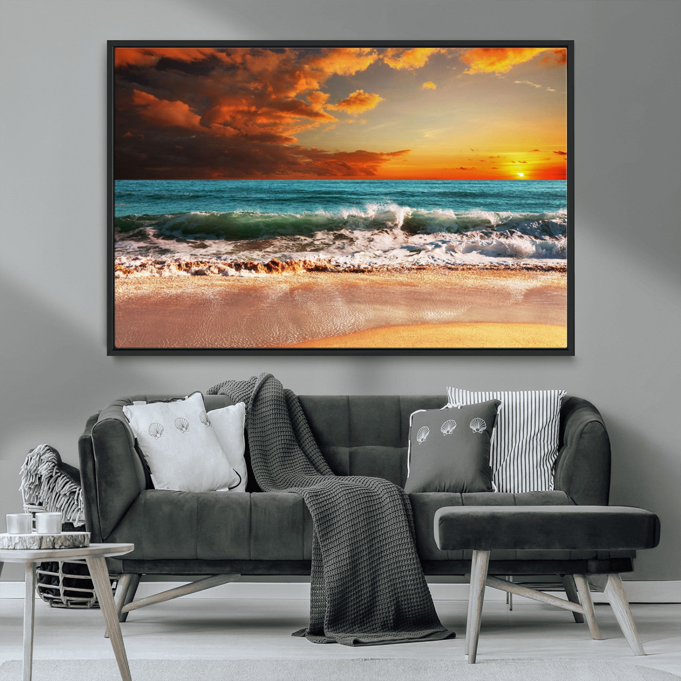 72948-MGV-FC-36X24_Black-Ocean Sunset Wave Wall Art – Dramatic Seascape Canvas Print with Golden Sky and Crashing Waves, Coastal Beach Decor for Living