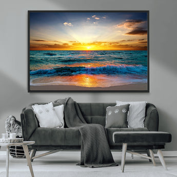 50627-MGV-FC-36X24_Black-Ocean Sunset Wall Art – Serene Beach Canvas Print with Waves and Golden Sky, Coastal Decor for Living Room or Office