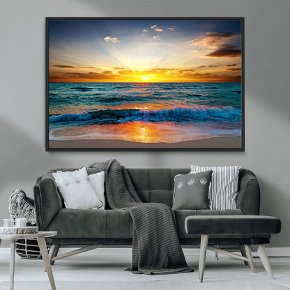 50627-MGV-FC-36X24_Black-Ocean Sunset Wall Art – Serene Beach Canvas Print with Waves and Golden Sky, Coastal Decor for Living Room or Office