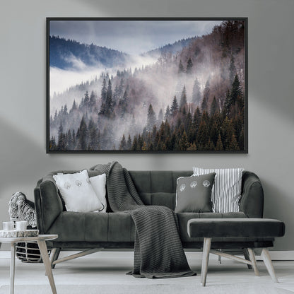 18459-MGV-FC-36X24_Black-Misty Pine Forest Wall Art – Serene Mountain Landscape Canvas Print, Tranquil Nature Artwork for Living Room, Bedroom, Cabin or
