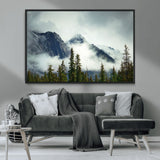 93219-MGV-CV-36X24-Misty Mountain Wall Art – Foggy Pines and Rocky Peaks Canvas Print, Nature Landscape Decor for Living Room, Office or Bedroom